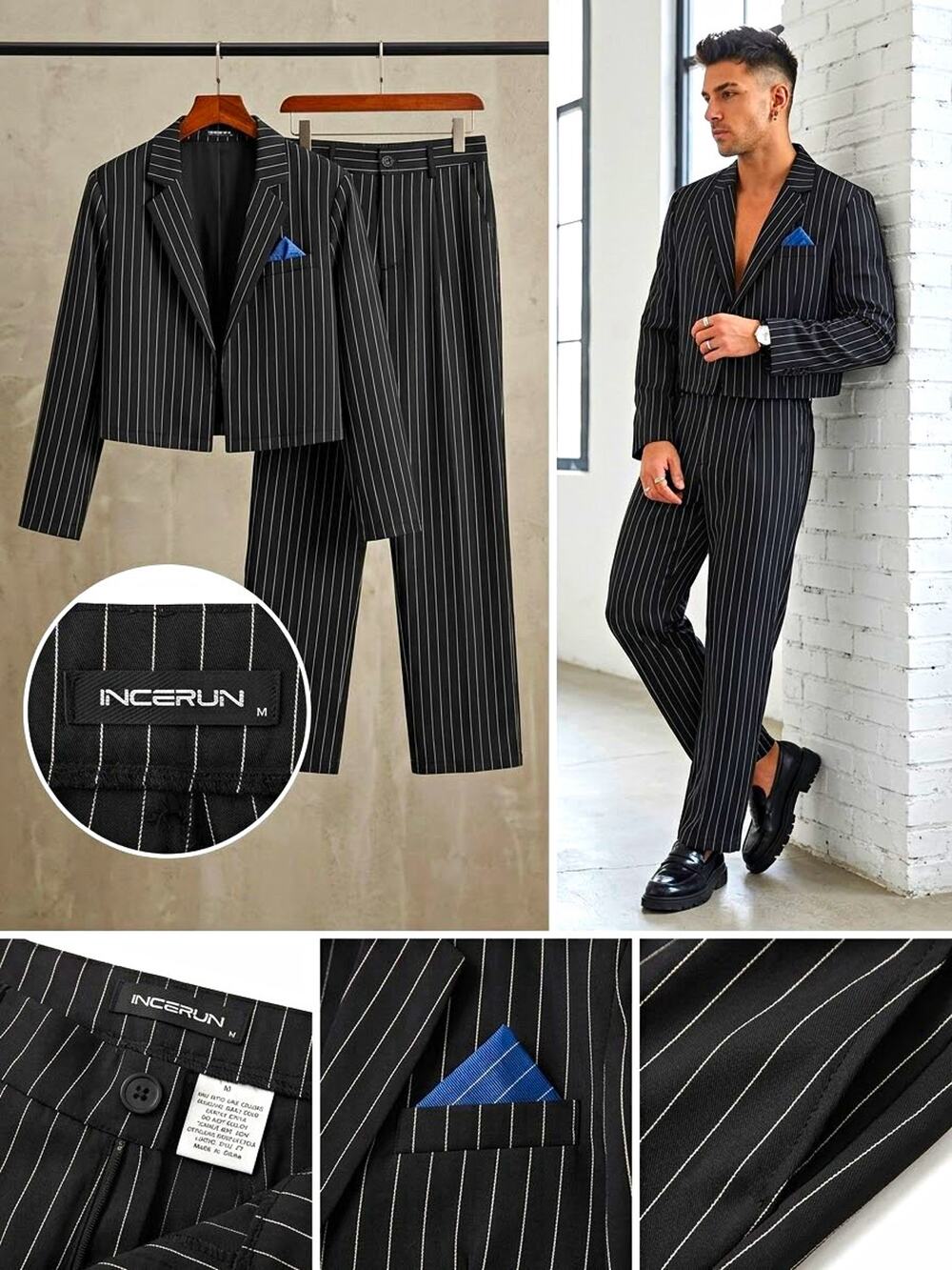 INCERUN Men's Black/White Pinstripe 2-Piece Slim Suit M 34x32